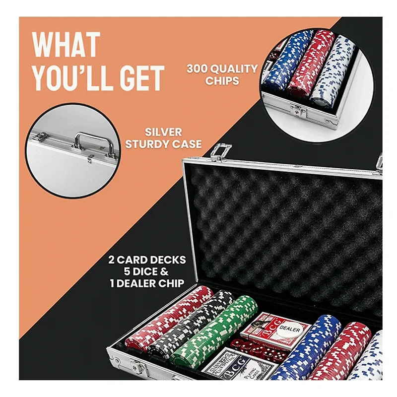 300 Piece Poker Set Casino Style Poker Chips Set with a Aluminum Finish Case