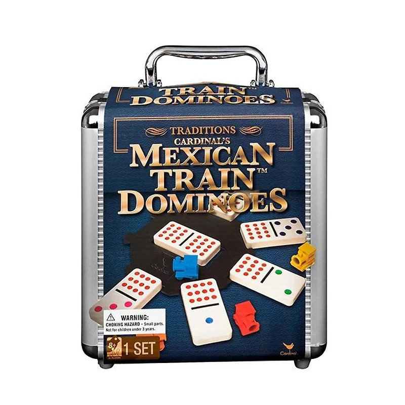 Mexican Train Dominoes Set Tile Board Game in Aluminum Carry Case with Colorful Trains