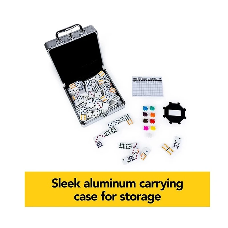 Mexican Train Dominoes Set Tile Board Game in Aluminum Carry Case with Colorful Trains