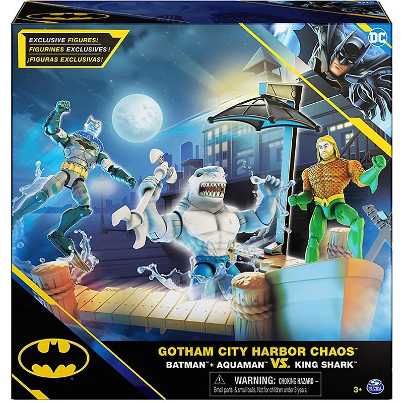 DC Comics, Gotham City Harbor Chaos Playset 4-inch Batman, Aquaman, King Shark Action Figures