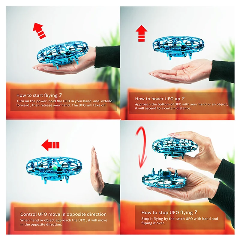 Hover UFO Drone – Hand-Controlled Mini Quadcopter with LED Lights (Assorted Colors and Styles)
