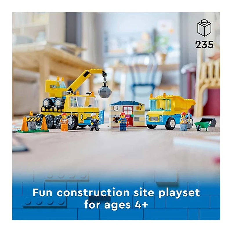 LEGO City Construction Trucks and Wrecking Ball Crane Building Toy Set 235 Pcs