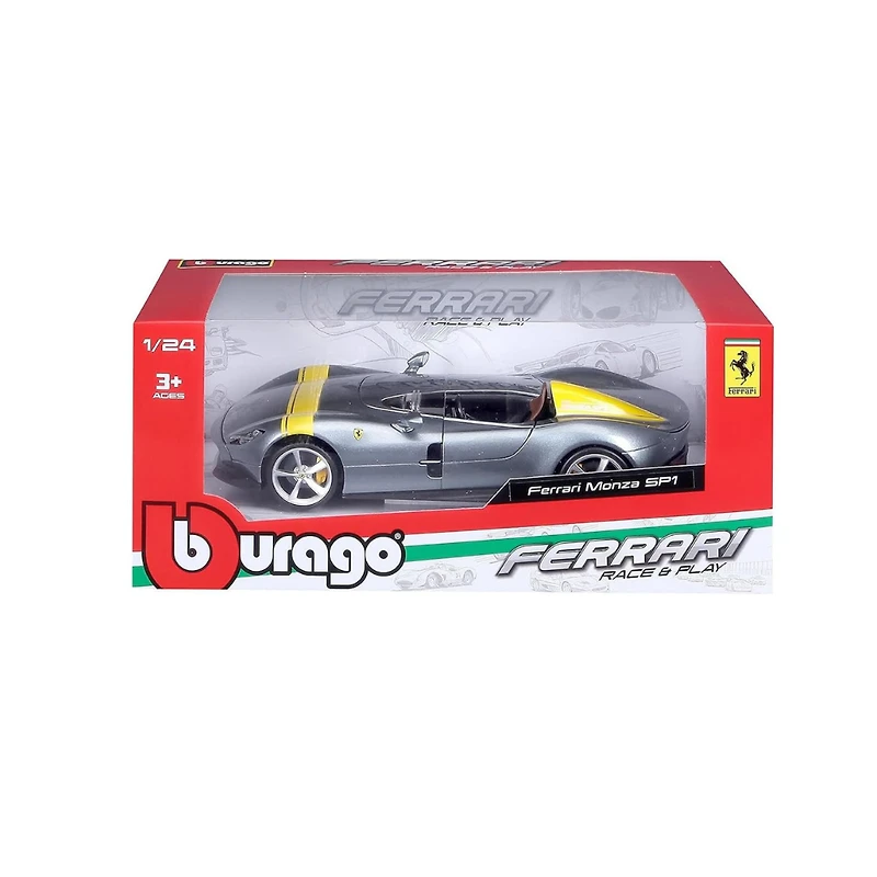 Ferrari Monza SP1 Silver Metallic with Yellow Stripes – Bburago 1-24