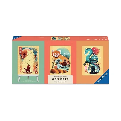 Ravensburger Ukiyo-E Cat Warrior, Red Panda & Dragon Puzzle & Easel Set 3x 100 piece Mini Jigsaw Puzzles
