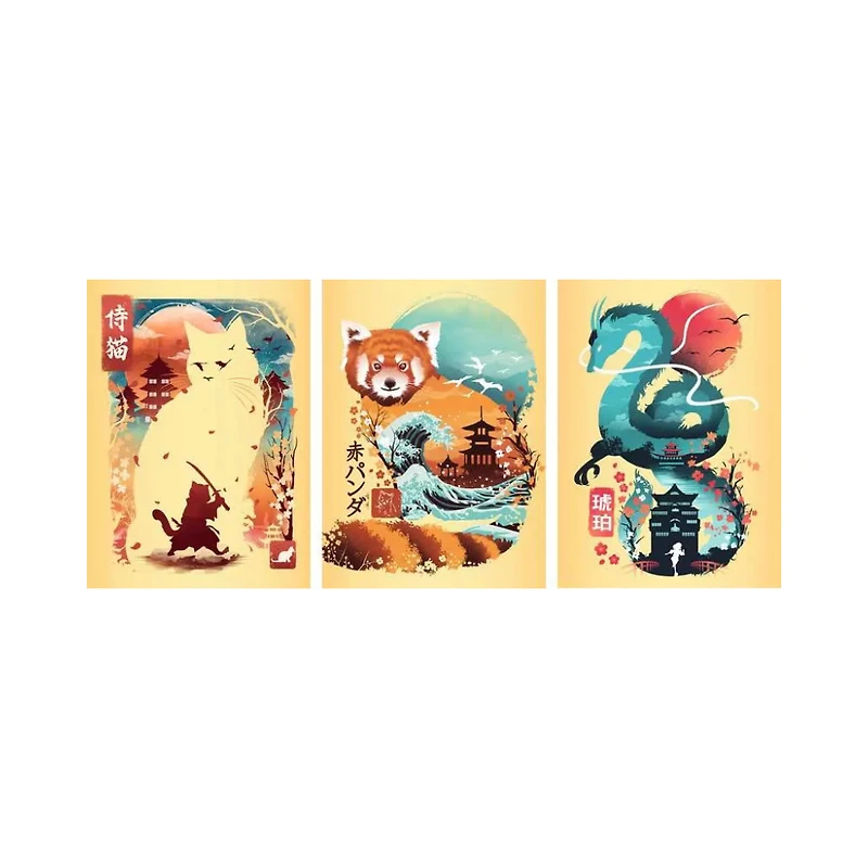 Ravensburger Ukiyo-E Cat Warrior, Red Panda & Dragon Puzzle & Easel Set 3x 100 piece Mini Jigsaw Puzzles