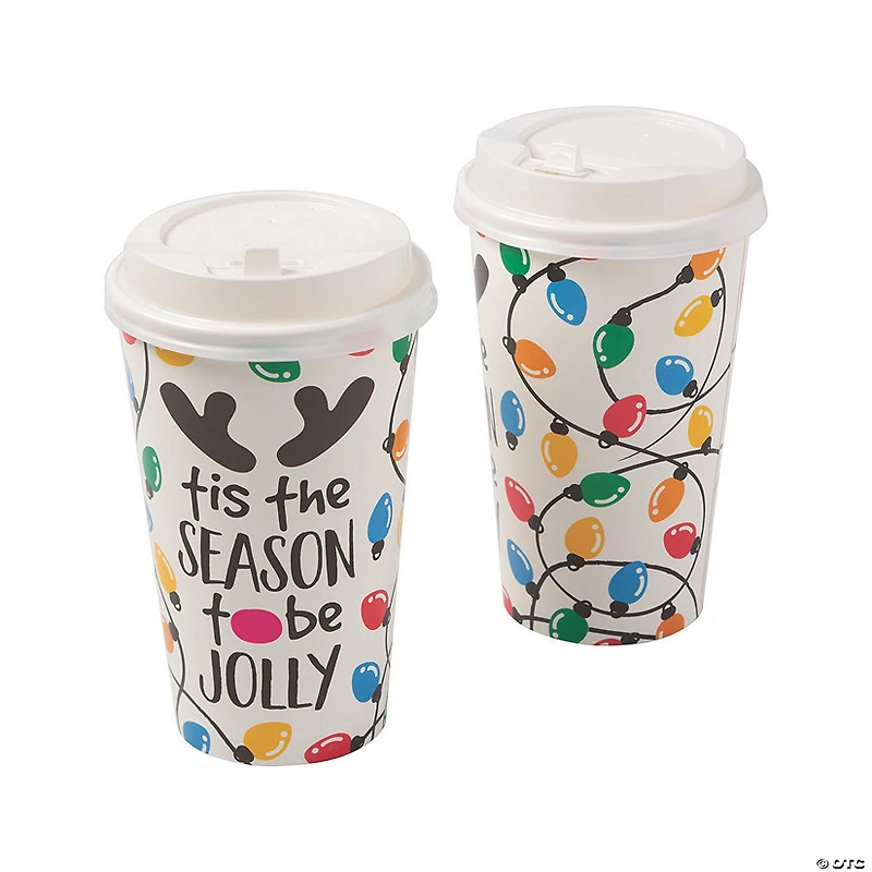 16 oz. Holiday Lights Tis the Season To Be Jolly Disposable Paper Coffee Cups with Lids - 12 Ct.
