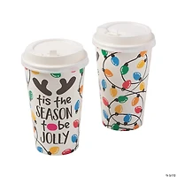 16 oz. Holiday Lights Tis the Season To Be Jolly Disposable Paper Coffee Cups with Lids - 12 Ct.
