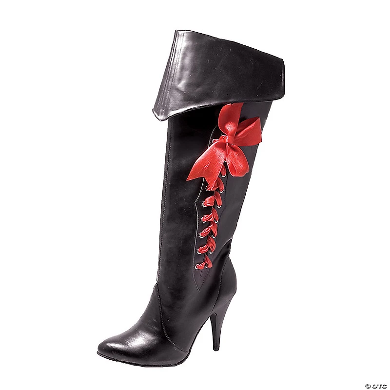 Women's Black Pirate Boot With Red Ribbon