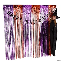 6 Ft. Happy Halloween Purple & Orange Metallic Fringe Backdrop with Black Garland - 2 Pc.