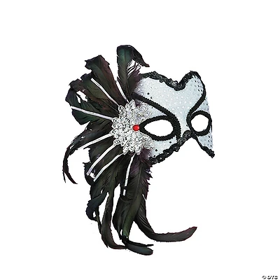 Venetian Masquerade Black & Silver Sequin Mask with Feathers