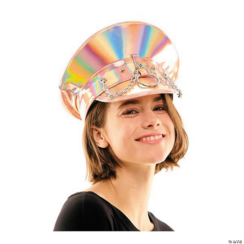 Adults Pink Iridescent Captain Hat with Silver Chains