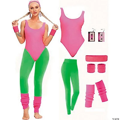 Adults Pink & Neon Green 80's Workout Costume - One Size