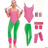 Adults Pink & Neon Green 80's Workout Costume - One Size