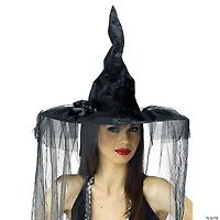 Adults Deluxe Black Velour Witch Hat with Rose & Veil