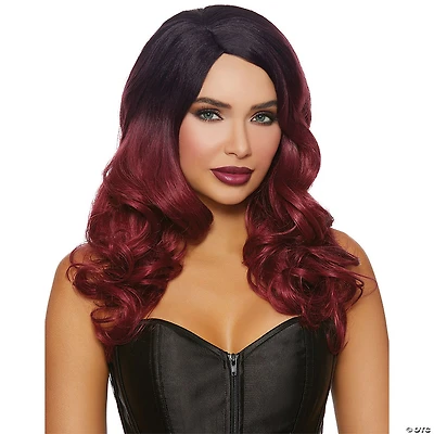 Adults Black & Burgundy Ombre Long Wavy Wig