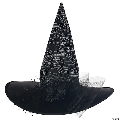 Adults Deluxe Black Witch Hat with Silver Glitter & Tulle