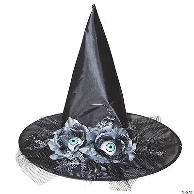 Adults Black Witch Hat with Flowers & Eyes