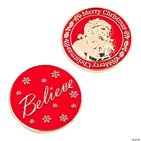 1 1/4" Red Santa Believe Metal Coins with Red Velvet Drawstring Bag - 24 Pc.