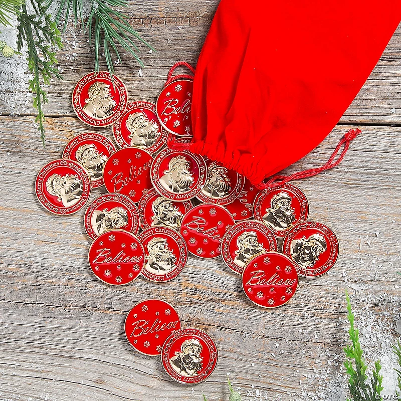 1 1/4" Red Santa Believe Metal Coins with Red Velvet Drawstring Bag - 24 Pc.