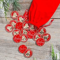 1 1/4" Red Santa Believe Metal Coins with Red Velvet Drawstring Bag - 24 Pc.
