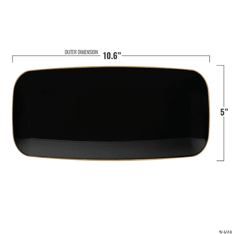 10.6" x 5" Black with Gold Rim Flat Raised Edge Rectangular Disposable Plastic Plates (50 Plates)