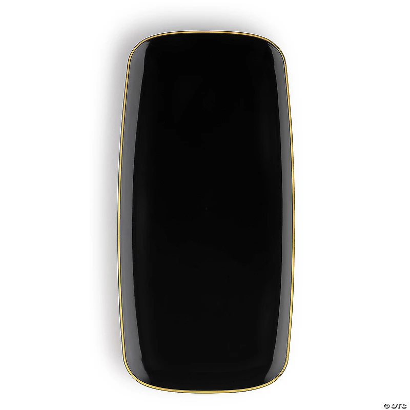 10.6" x 5" Black with Gold Rim Flat Raised Edge Rectangular Disposable Plastic Plates (50 Plates)