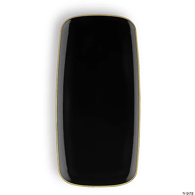 10.6" x 5" Black with Gold Rim Flat Raised Edge Rectangular Disposable Plastic Plates (50 Plates)
