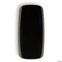 10.6" x 5" Black with Gold Rim Flat Raised Edge Rectangular Disposable Plastic Plates (50 Plates)