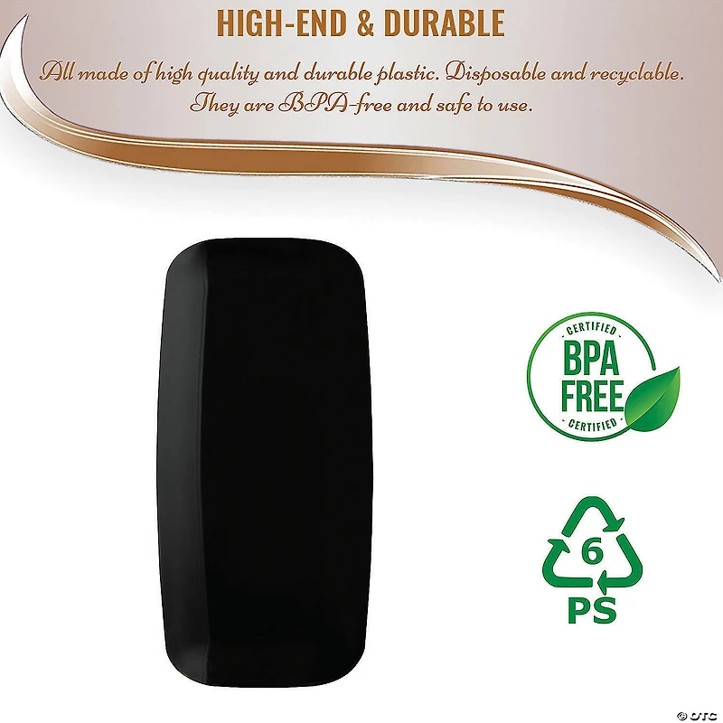 10.6" x 5" Solid Black Flat Raised Edge Rectangular Disposable Plastic Plates (50 Plates)