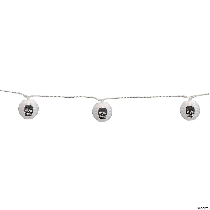 10-Count White and Black Skull Paper Lantern Halloween Lights  8.5ft White Wire