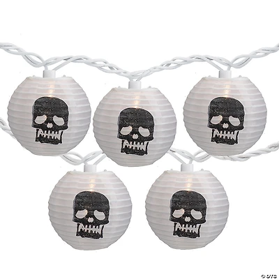 10-Count White and Black Skull Paper Lantern Halloween Lights  8.5ft White Wire