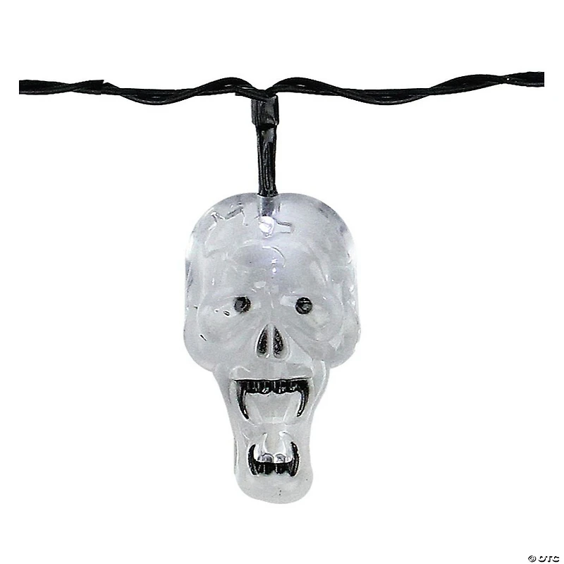 10 White Skull LED Halloween Lights - 5.75 ft Black Wire