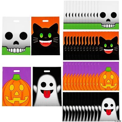 12 1/2" x 17" Bulk Halloween Emoji Face Trick-Or-Treat Plastic Goody Bags - 50 Pc.