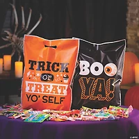 12-1/2" x 17" Halloween Funny Sayings  Trick-or-Treat Plastic Goody Bags - 50 Pc.