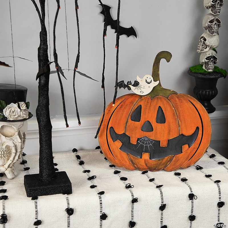12.5" Jack-O-Lantern with Ghost and Bat Halloween Decoration