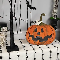 12.5" Jack-O-Lantern with Ghost and Bat Halloween Decoration