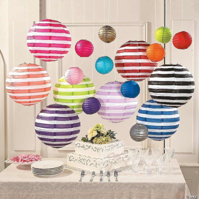 12" Black Striped Hanging Paper Lanterns - 6 Pc.