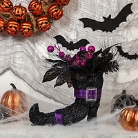 12" Black Witch's Boot with Purple Glittered Roses Halloween Decoration