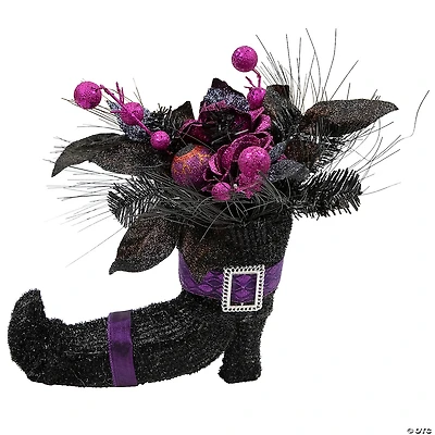 12" Black Witch's Boot with Purple Glittered Roses Halloween Decoration