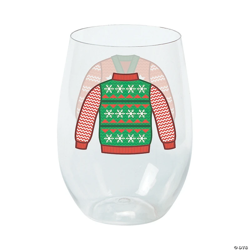 12 oz. Ugly Sweater Stemless Reusable Plastic Wine Glasses - 6 Ct.