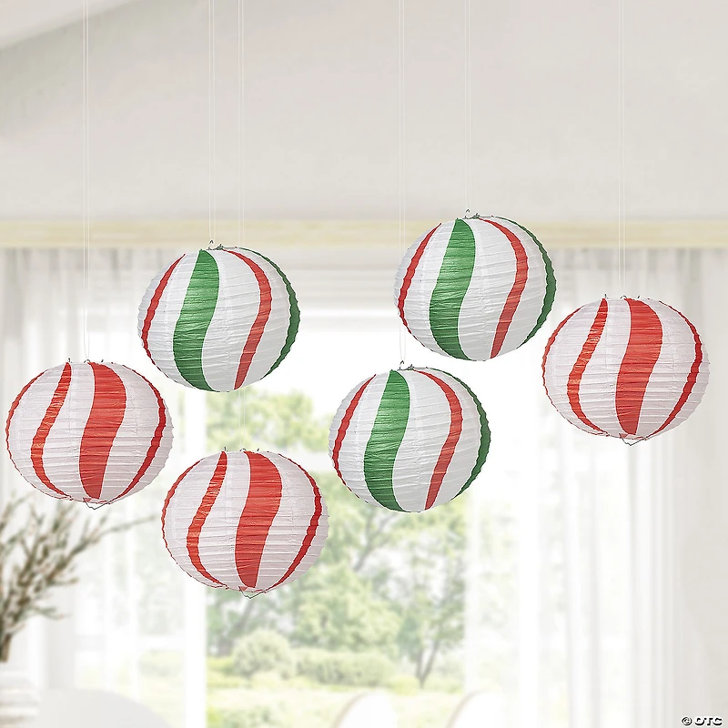 12" Peppermint Candy Cane Balloon Hanging Paper Lanterns - 12 Pc.
