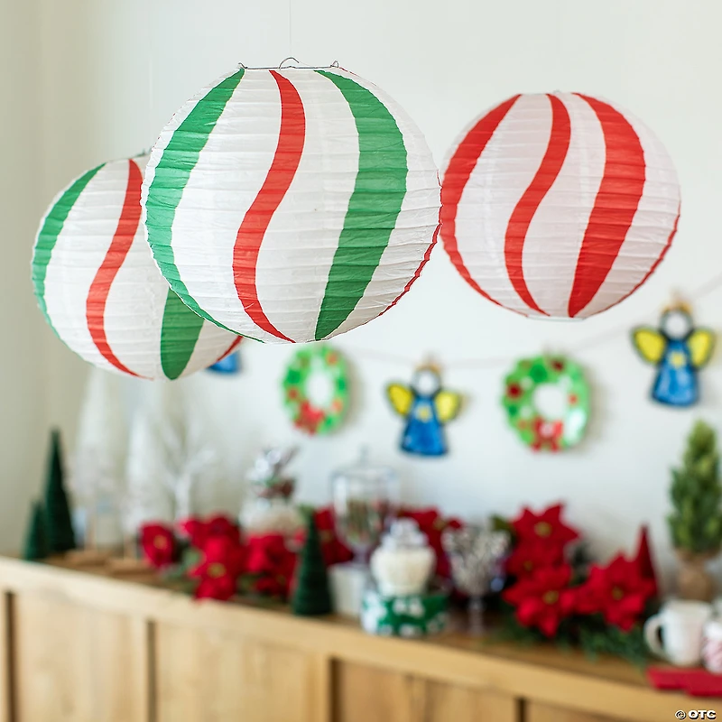 12" Peppermint Candy Cane Balloon Hanging Paper Lanterns - 12 Pc.
