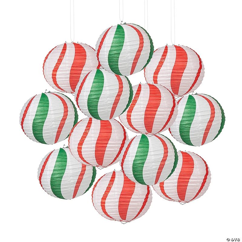 12" Peppermint Candy Cane Balloon Hanging Paper Lanterns - 12 Pc.