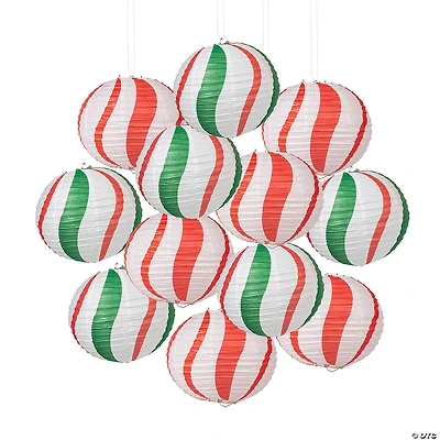 12" Peppermint Candy Cane Balloon Hanging Paper Lanterns - 12 Pc.