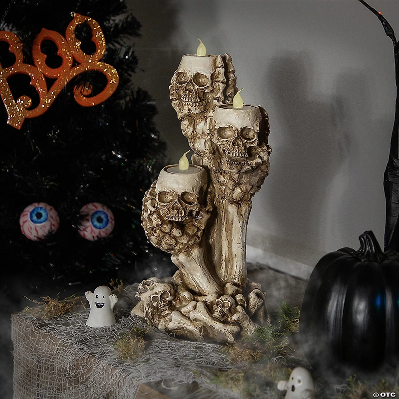 12" Triple Skulls Halloween Tea Light Candle Holder