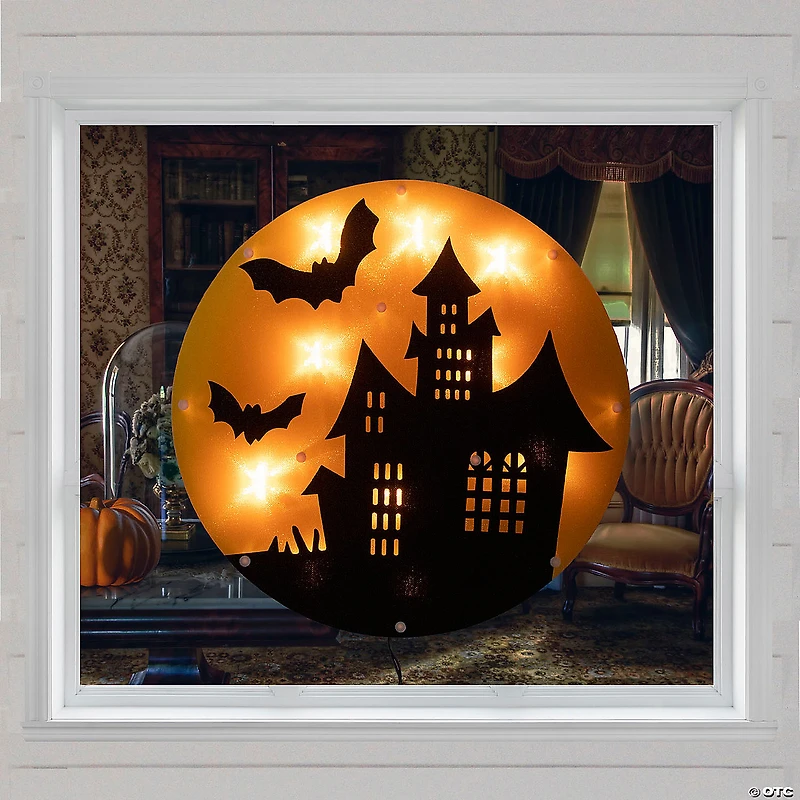 13.75" Lighted Haunted House Halloween Window Silhouette