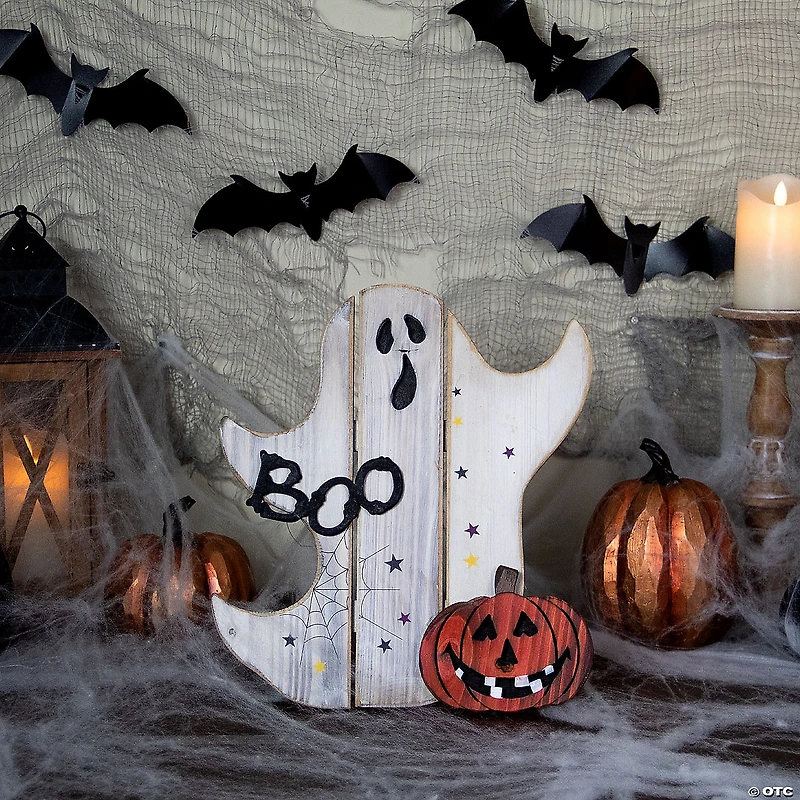 13" Ghost with Jack-O-Lantern Wooden Halloween Boo Sign
