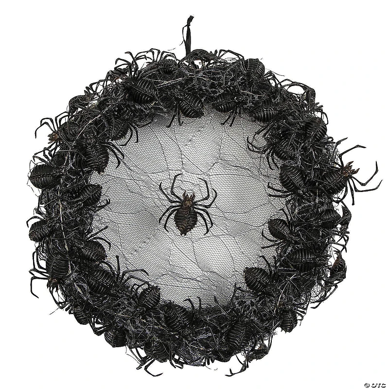 14 3/4" Light-Up Hanging Wreath with Black Spiders Halloween Decoration
