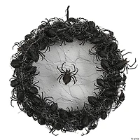 14 3/4" Light-Up Hanging Wreath with Black Spiders Halloween Decoration
