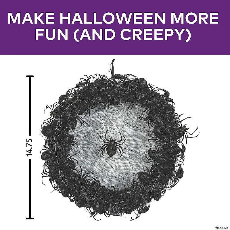 14 3/4" Light-Up Hanging Wreath with Black Spiders Halloween Decoration